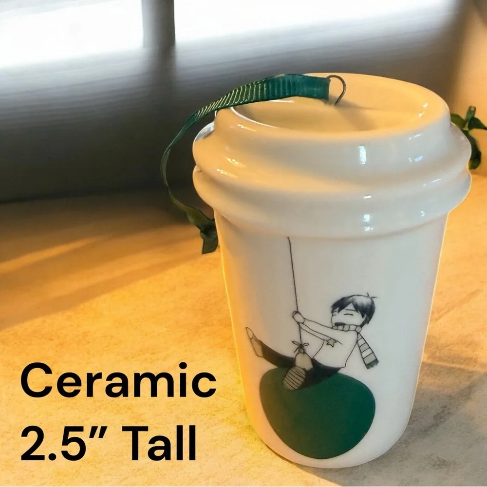 Starbucks Holiday 2015 Mini Cup Ornament Swinging Boy Design Ceramic Collectible